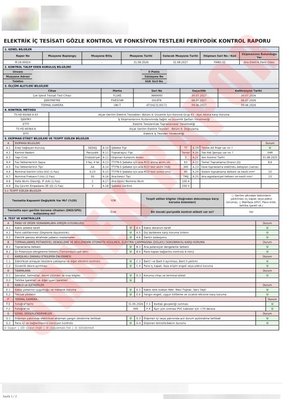 Elektrik İç Tesisatı Periyodik Kontrol Raporu örnek rapor kapağı
