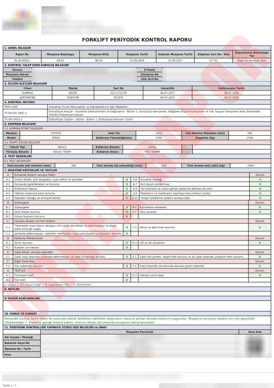 Forklift Periyodik Kontrol Raporu örnek rapor kapağı
